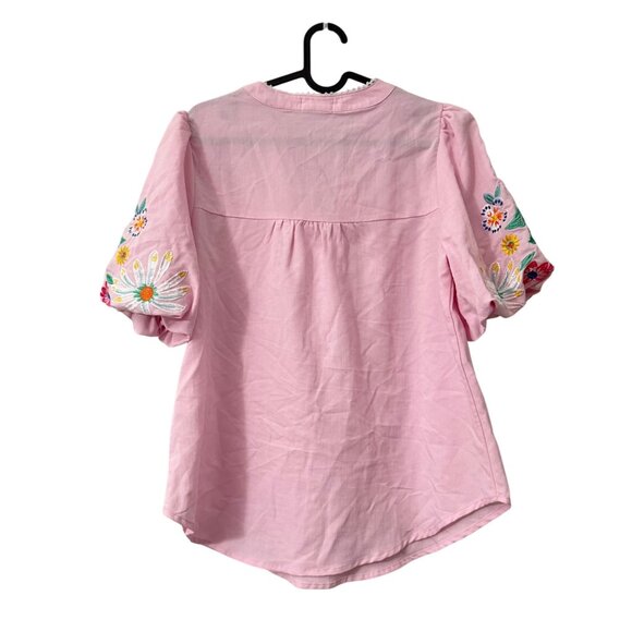 Apple Boulevard Pink Embroidered Puff Sleeve Peasant Blouse Womens Size Medium - Picture 6 of 7